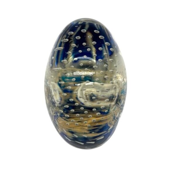 Handblown Oval Art Glass Paperweight Gold Flake & Blue Accents Polished Bottom - Picture 4 of 5